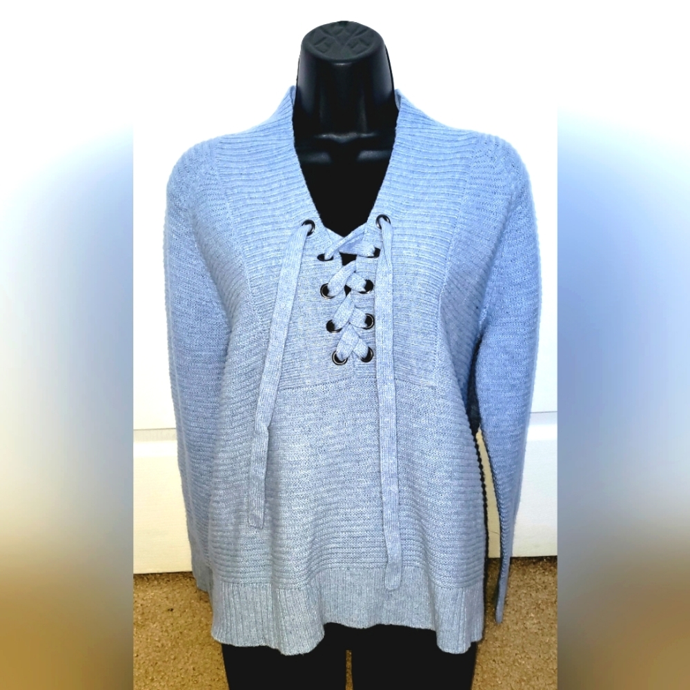 Lucky Brand Soft Wool Blend Lace Up Pullover Sweater Blue Womens Size Medium